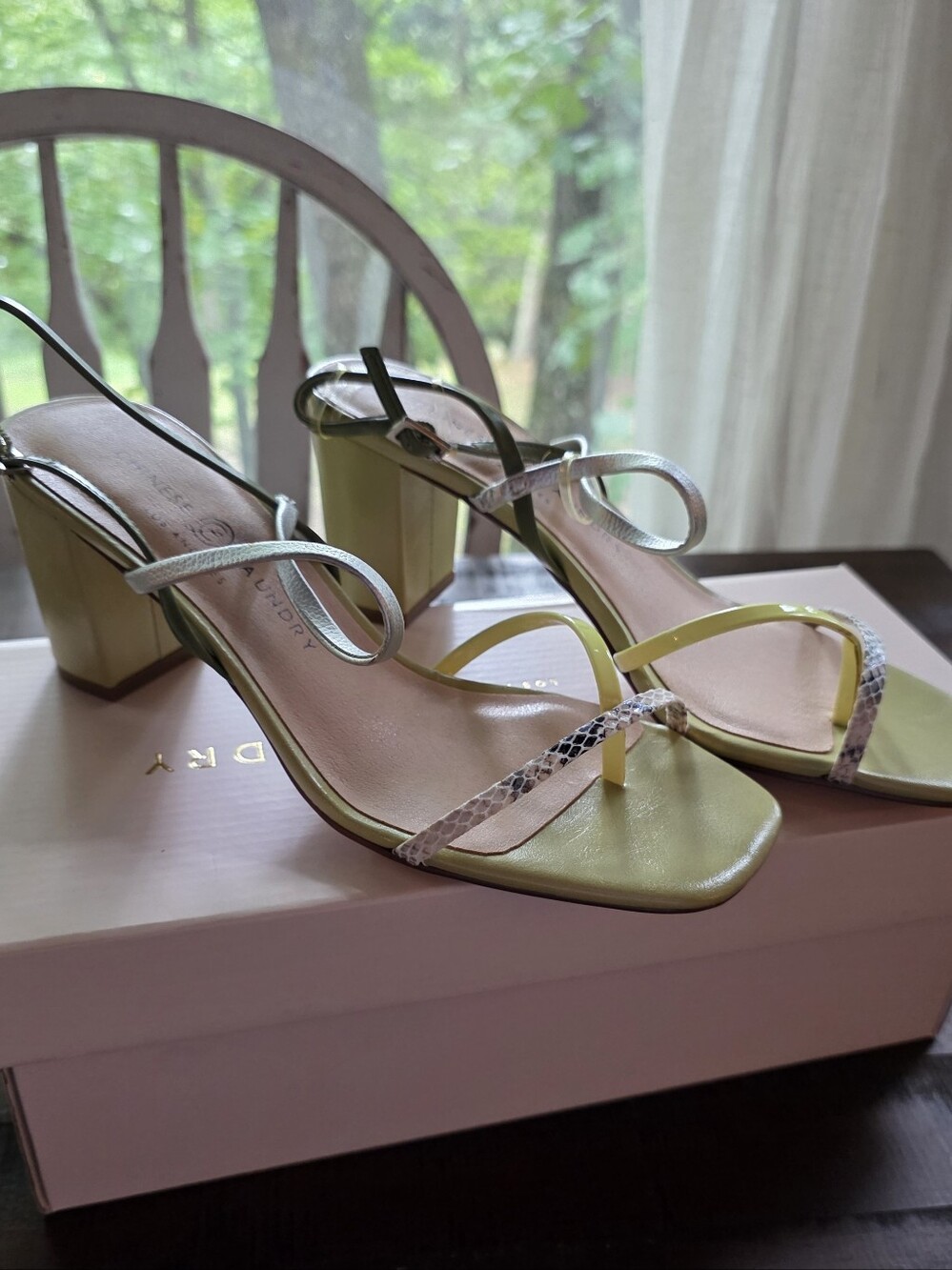Chinese Laundry Lime Green Strappy Block Heel Sandals with Snake-Print Accent